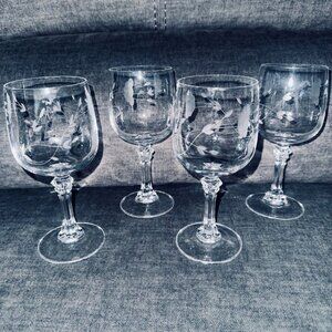 Set Of 4 Princess House Bordeaux Clear Crystal Wine Glasses With‎ Etched Floral